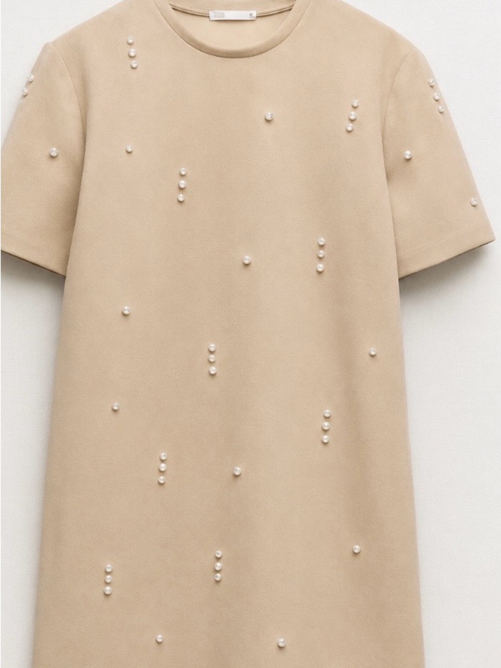 Pearl-Embellished Beige Shift Dress